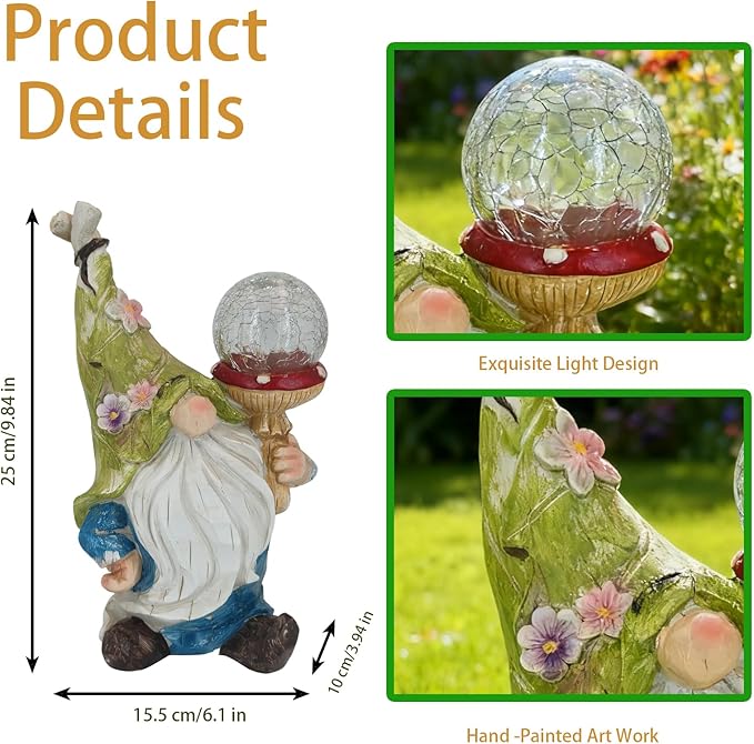 Garden Gnome Solar Light Statue - Outdoor Decorative Figurine with Crackle Glass Globe, Blue & White Floral Design | Lumora