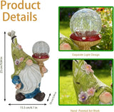 Garden Gnome Solar Light Statue - Outdoor Decorative Figurine with Crackle Glass Globe, Blue & White Floral Design | Lumora