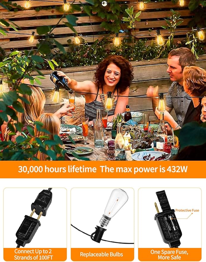 100FT Outdoor String Lights with Remote Patio Lights for Outside 52 Shatterproof Waterproof ST38 Edison Bulbs | Lumora