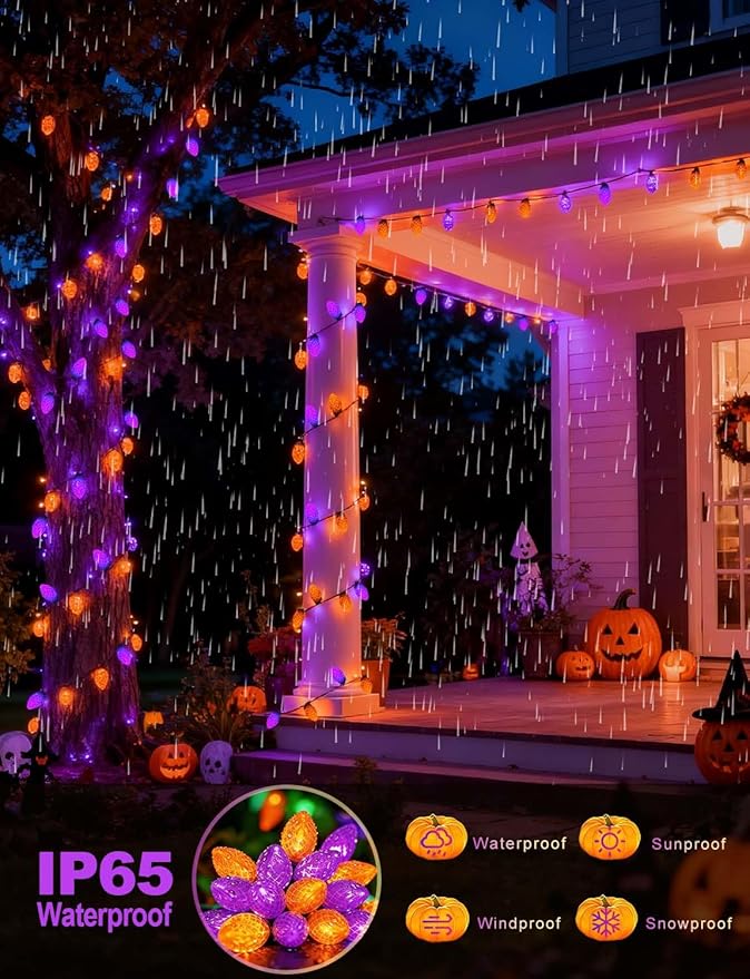 C7 Solar Powered LED Christmas String Lights 50 LED Waterproof Strawberry String Lights Green Wire Lights String for Outside Patio Wedding Party Decor (Orange&Purpl)