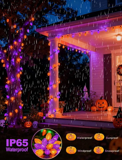 C7 Solar Powered LED Christmas String Lights 50 LED Waterproof Strawberry String Lights Green Wire Lights String for Outside Patio Wedding Party Decor (Orange&Purpl)