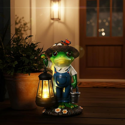 Solar Garden Decor - Frog Statues with Lantern 9" Resin Solar Frogs for Outdoors Patio Yard Porch Lawn Balcony Decor Ideas Animal Lover Gardening Gifts for Women Mom Wife