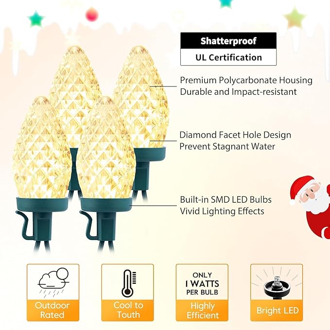 C9 LED Christmas String Lights, 66ft 100 LED Waterproof Strawberry String Lights, Plug-in Extendable Green Wire Lights String for Outdoor Indoor Outside Patio Wedding Party Decoration, Warm White