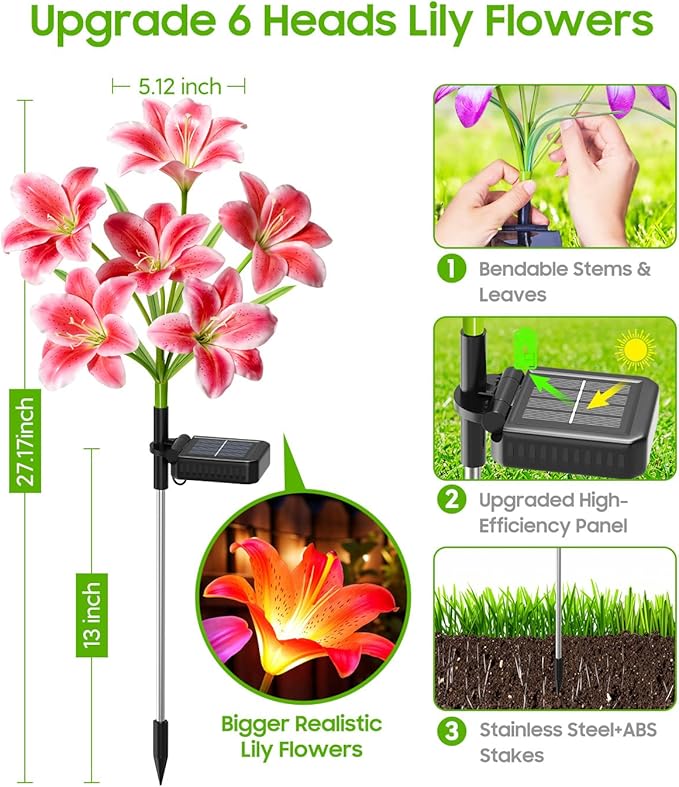 LETMY Solar Garden Lights, 2 Pack Solar Flower Lights with 6 Head Bigger Lily Lights, IP65 Waterproof Solar Lights Outdoor, Decorative Lights for Garden, Patio, Yard