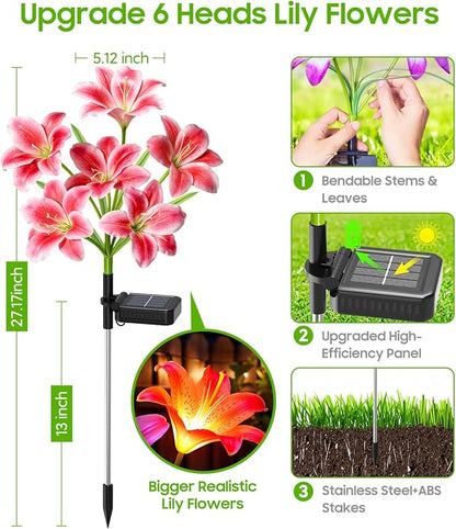 LETMY Solar Garden Lights, 2 Pack Solar Flower Lights with 6 Head Bigger Lily Lights, IP65 Waterproof Solar Lights Outdoor, Decorative Lights for Garden, Patio, Yard