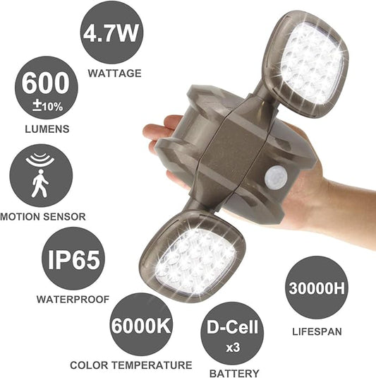 HONWELL Motion Sensor Light Outdoor Battery Operated Outside Security Flood Light Cordless IP65 Waterproof 32 LED Dual Head Spotlights, Motion Detector Lights for House Garage Porch Garden Shed