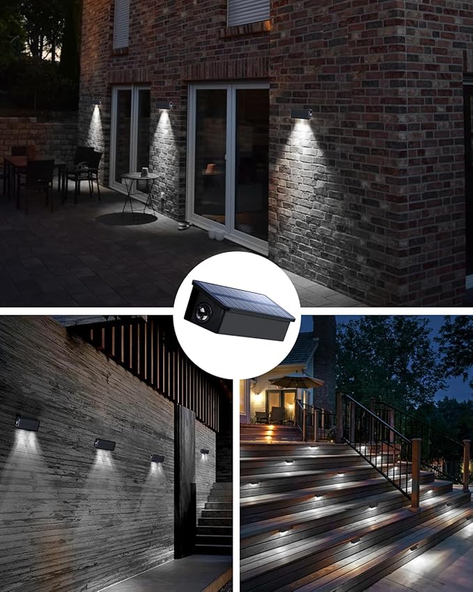 Fence Lights Solar Powered Outdoor Waterproof Outside Wall LED Landscaping Lamp 8 Pack for Yard, Deck, Patio, Rail, Garage, Pool, Balcony, Energy Efficient Cool White Safety and Ambiance,Easy Install