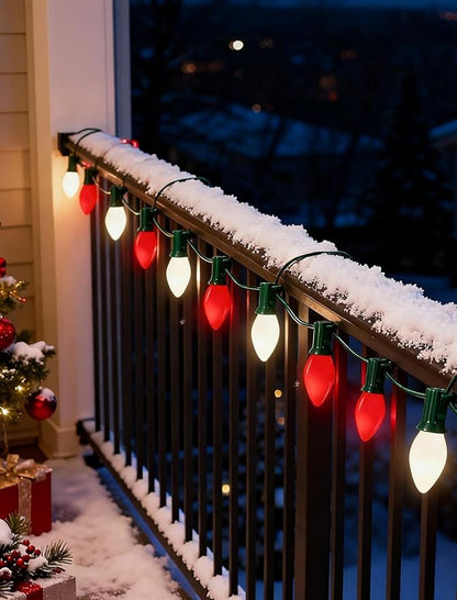 C7 LED Christmas Lights,25ft Red and White Outdoor String Lights with 27 Ceramic Bulbs(2 Spare), Plug-in Vintage Commercial Christmas Lights String for Outside Roofline Patio Holiday Decor