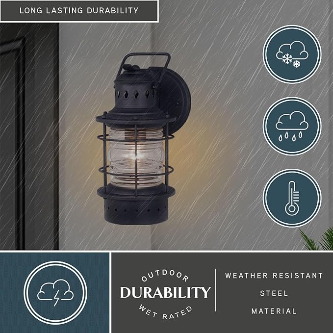 VAXCEL Hyannis 12.25 in. H 1-Light Textured Black Coastal Outdoor Wall Sconce Made of Durable Steel, Clear Ribbed Glass Shade, LED Compatible, Use for Exterior Porch Patio Front Door or Garage
