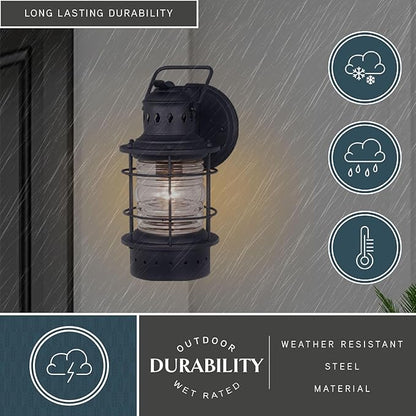 VAXCEL Hyannis 12.25 in. H 1-Light Textured Black Coastal Outdoor Wall Sconce Made of Durable Steel, Clear Ribbed Glass Shade, LED Compatible, Use for Exterior Porch Patio Front Door or Garage