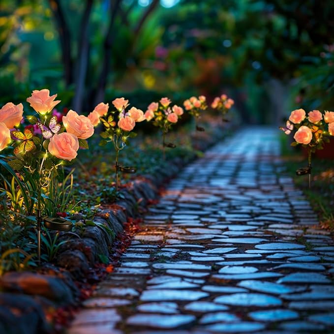 Solar Lights Outdoor- 2 Pack Garden Lights Outdoor Waterproof with 10 Flowers and 4 Butterflies, Solar Decorative Lights for Garden, Patio, Yard (Pink)