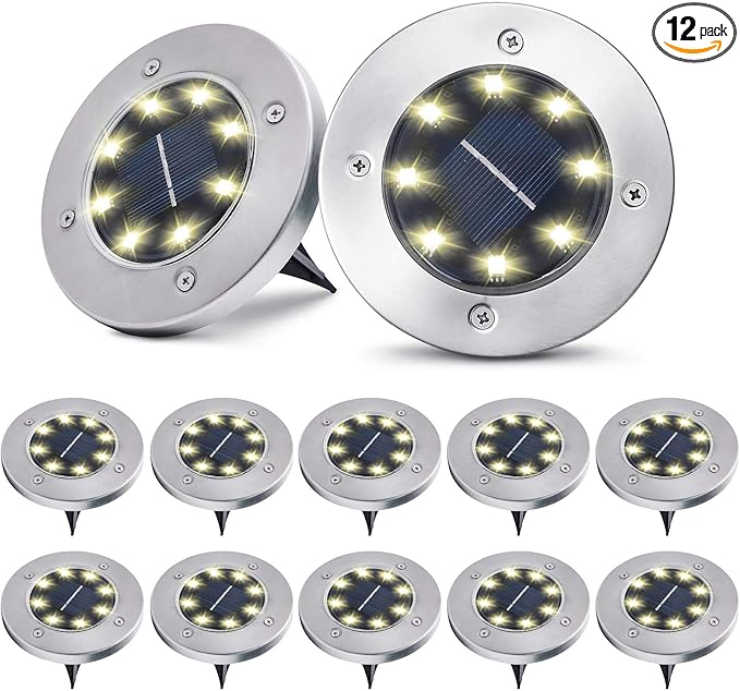 Pozzolanas 12 Pack Solar Ground Lights - 8 LED, Warm White, In-Ground Landscape Lights for Pathway, Yard, Walkway | Lumora