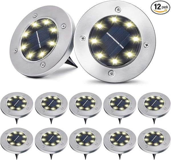 Pozzolanas 12 Pack Solar Ground Lights - 8 LED, Warm White, In-Ground Landscape Lights for Pathway, Yard, Walkway | Lumora