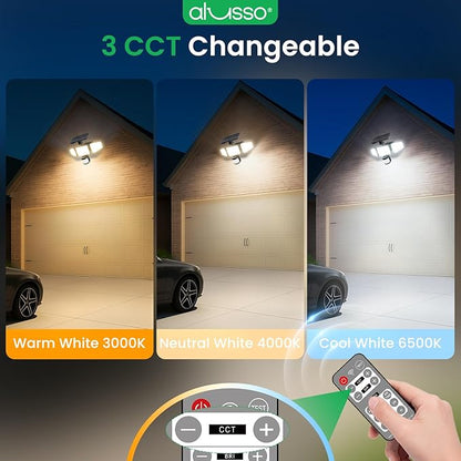 ALUSSO Solar Lights Outdoor with Motion Sensor, 3000-6500K CCT Dimmable 3 Heads Security Light with Remote Control, IP54 Waterproof 3 Modes Flood Lights for Garden Yard Garage