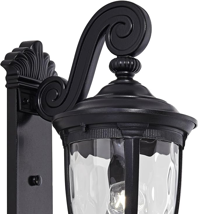 John Timberland Bellagio European Outdoor Wall Light Fixture Texturized Black Dual Scroll Arm 24" Clear Hammered Glass for Exterior House Porch Patio Outside Deck Garage Front Door Garden Home