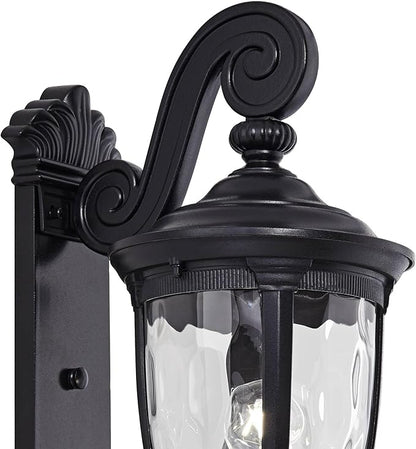 John Timberland Bellagio European Outdoor Wall Light Fixture Texturized Black Dual Scroll Arm 24" Clear Hammered Glass for Exterior House Porch Patio Outside Deck Garage Front Door Garden Home