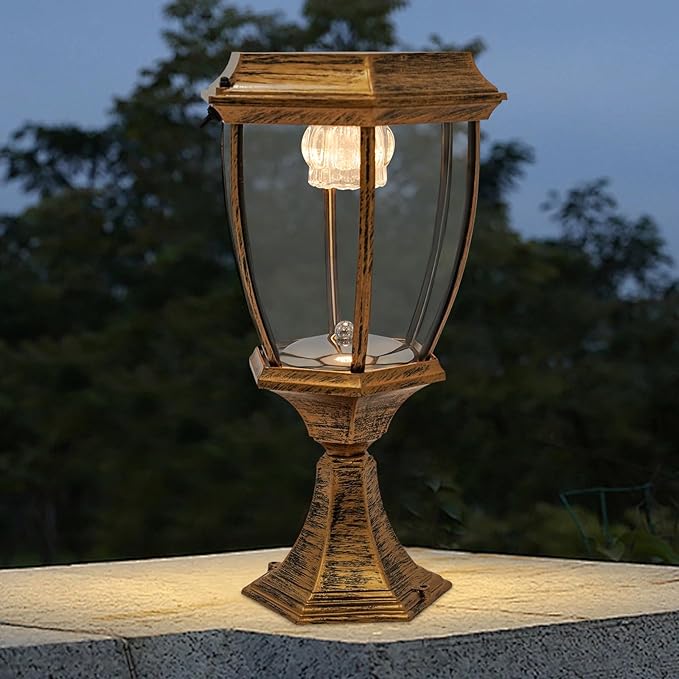 Retro Solar Powered Pillar Lights Outdoor Garden LED Lamps Bronze Aluminum Solar Lamps Waterproof LED Landscape Light Copper Fence Post Solar Lantern for Yard Patio