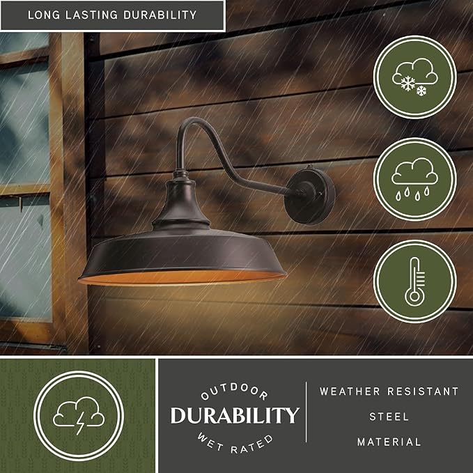 VAXCEL Dorado 12.25 in. H 1-Light Dark Bronze and Light Gold Dusk to Dawn Sensor Farmhouse Outdoor Wall Sconce, Gooseneck Steel Shade, Dark Sky Compliant for Exterior Porch Patio Front Door or Garage