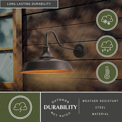 VAXCEL Dorado 12.25 in. H 1-Light Dark Bronze and Light Gold Dusk to Dawn Sensor Farmhouse Outdoor Wall Sconce, Gooseneck Steel Shade, Dark Sky Compliant for Exterior Porch Patio Front Door or Garage
