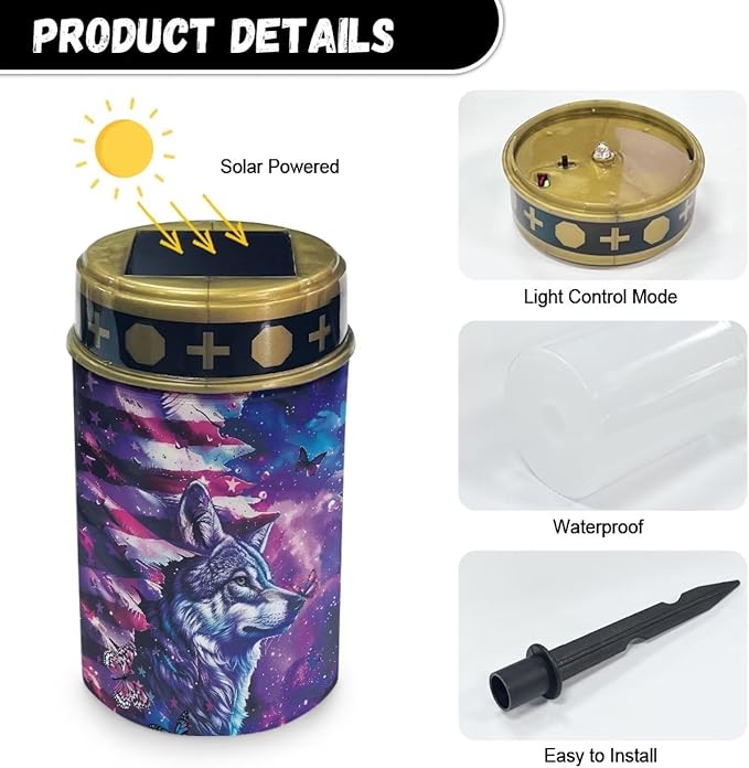 Solar Light Outdoor for Cemetery, American Flag Wolf Waterproof Garden Lights Solar Powered, Solar Lights for Garden, Balcony, Yard, Gifts for Memorial