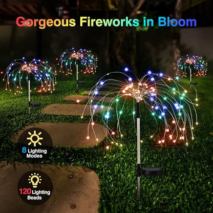Lewondr Firework Solar Garden Lights, 120 LED Solar Firework Lights with 8 Lighting Modes, Waterproof Sparkler Starburst Solar Lights Outdoor for Yard Porch Patio Backyard Decor Present, 4 Pack