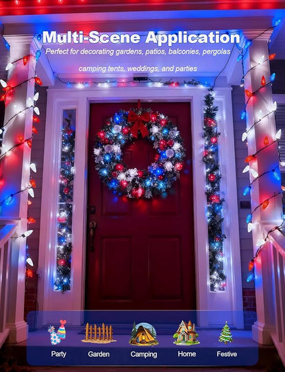 2 Pack 4th of July Decorative Lights Outdoor C6 Strawberry String Lights Red White Blue Fairy Lights 50 LED Solar Operated Rechargeable Garden Lights for Christmas Tree Arbor Decor