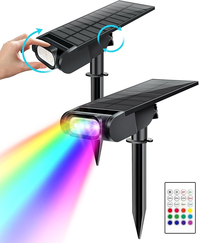 Solar Lights Outdoor Waterproof IP67 Remote Control & USB to Type-C Port Landscape Lighting with 12 RGB Modes Uplighting for Flag Tree Solar Spot Lights for Garden Yard Patio Pathway-2 Pack