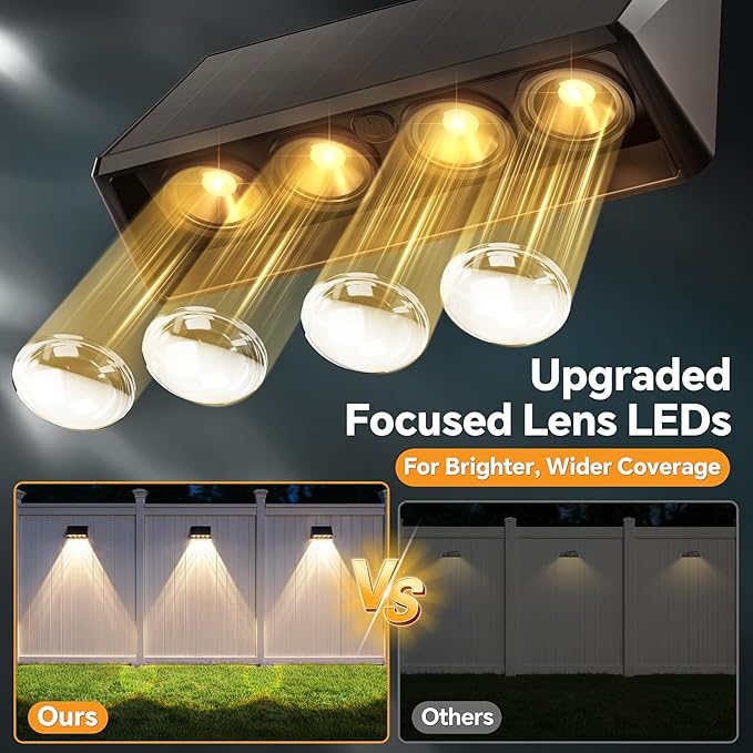 2 Pack Solar Fence Lights Outdoor, Bigger & Brighter 4-LED Fence Lights Solar Powered with 3 Modes, IP65 Waterproof Solar Lights for Outside, Backyard, Patio, Yard, Railing, Wall, Pool
