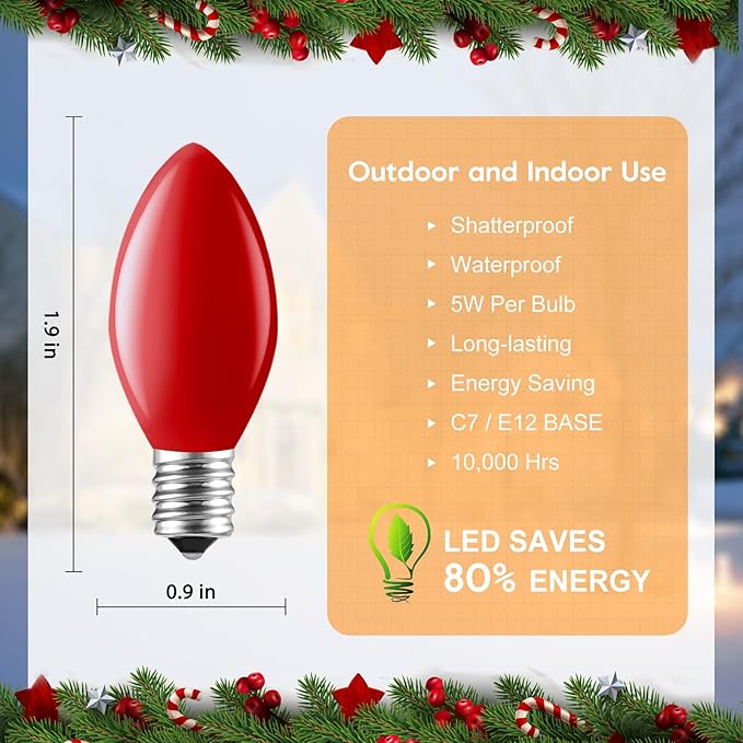 Minetom C7 Red Christmas Replacement Bulbs, C7 Vintage Light Bulbs, E12 Candelabra Base - Incandescent Outdoor Bulb | Lumora