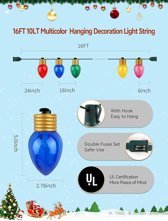 Enchanting Christmas Bubble Lights - 10-Light Bubbling Christmas Light String Creates a Cozy, Magical Glow, Multicolor Decorative Lights for Indoor Christmas Tree, Party & Holiday Ambiance