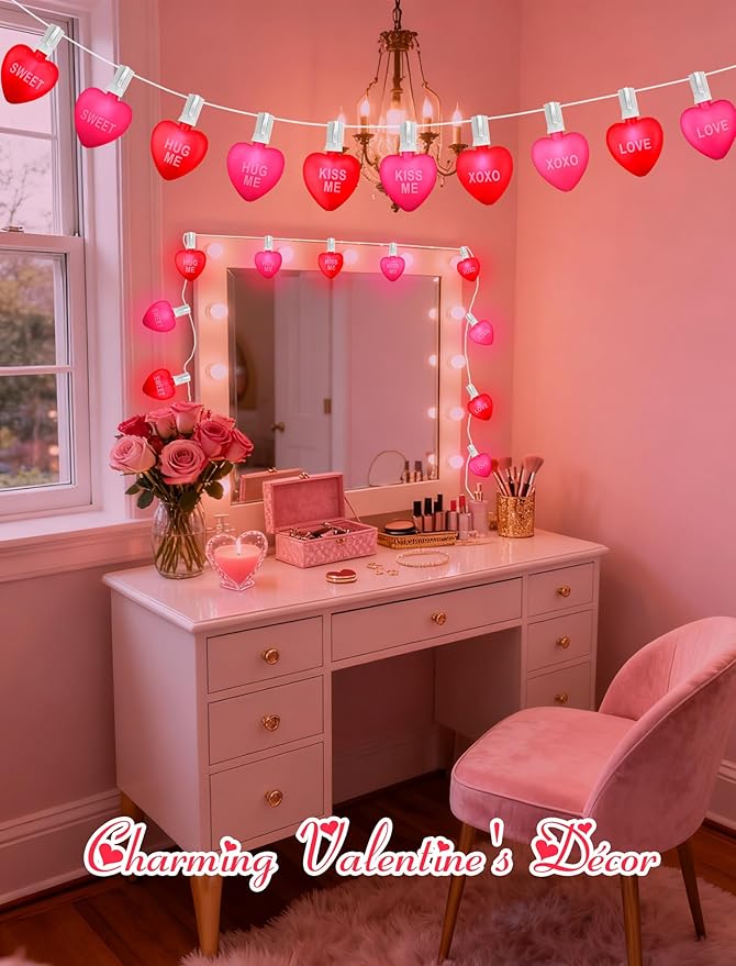 10.5ft Heart String Lights with 10 LED Red & Pink Hearts, Messages: KISS ME/Love. Connectable, Waterproof | Lumora
