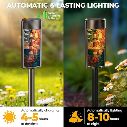 4 Pack Solar Pathway Lights Outdoor Waterproof Coastal Lighthouse Stained Glass Hanging Ornament Solar Garden Lights LED Landscape Lighting for Yard Walkway Lawn Garden Decor