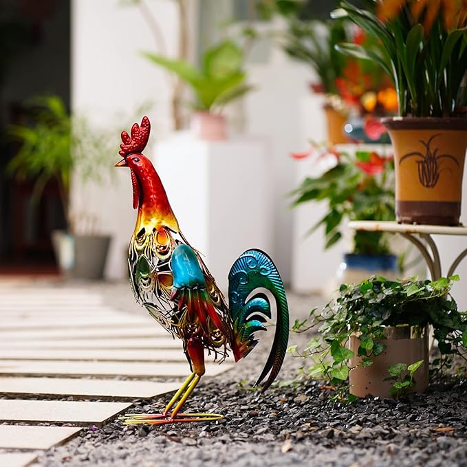 19 Inch Solar Rooster Statue, Metal Yard Art with Colorful Lights for Garden Lawn Outdoor Decoration Gifts | Lumora