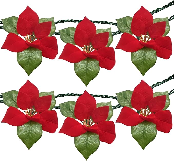 SUNSGNE 8.5FT LED Flower String Lights, Red and Green Christmas Flowers Lights with 10 LED Flowers Bulbs for Christmas Tree, Fireplace, Staircase, Walls