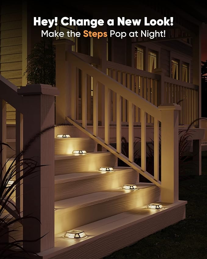 JACKYLED 8-Pack Solar Deck Lights Outdoor, 12 LED Solar Dock Lights Marine Waterproof, Dusk to Dawn Solar Lights for Backyard Sidewalk Garden Pathway Walkway Patio Backyard (Warm White)