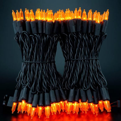 YULETIME 200 Orange LED Christmas Lights with Black Wire, Pack of 2 Strands 33 Feet 100 Lights UL Certified Holiday String Light Set