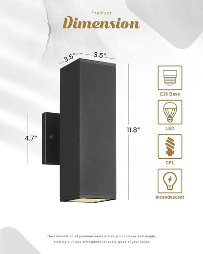 Ken & Ricky Outdoor Wall Light Fixture,Exterior Lighting Fixtures,Modern Sconce Lights for Porch Patio Garage Front Door (Black,Square,No Sensor,2PK)