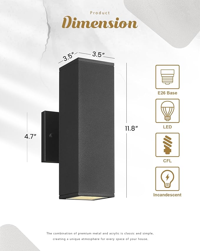 Ken & Ricky Outdoor Wall Light Fixture,Exterior Lighting Fixtures,Modern Sconce Lights for Porch Patio Garage Front Door (Black,Square,No Sensor,1PK)