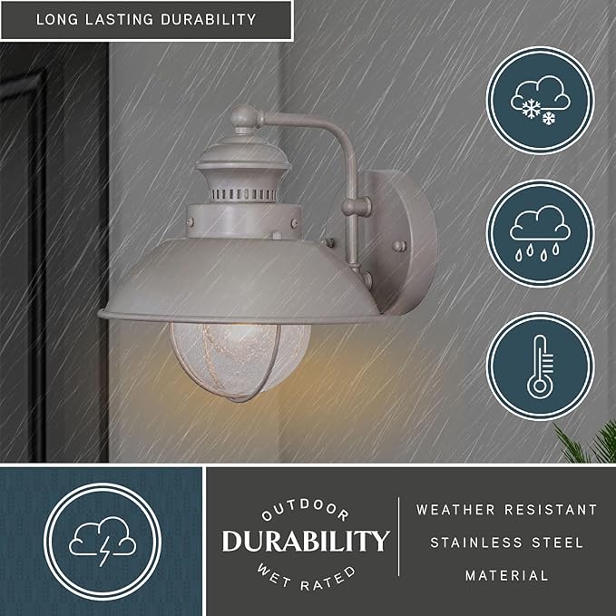 VAXCEL Harwich 8 in. H 1-Light Brushed Nickel Coastal Outdoor Wall Sconce Made of Durable Steel, Clear Seeded Glass Shade, LED Compatible, Use for Exterior Porch Patio Front Door or Garage