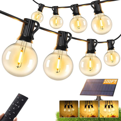 Brightever 100FT Solar String Lights Outdoor with Remote and 36+2 LED Shatterproof G40 Bulbs, Dimmable & Timable, 3 Lighting Modes, Waterproof Solar Power Outdoor Lights for Patio, Garden, Wedding