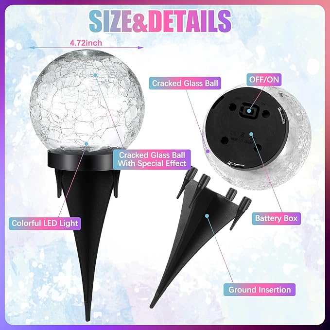 6pc Extra Large Solar Globes Outdoor Cracked Glass Ball Crstl Multi-Color Pre Lit Glob Light Waterproof Yard Lawn Garden Decor (4.72)