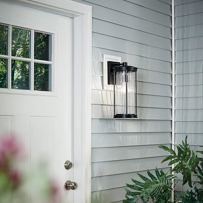 Kichler Barras 16" 1 Light Outdoor Wall Light with Clear Ribbed Glass in Black | Lumora