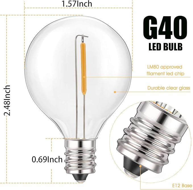 50Ft LED Outdoor String Lights with 22 G40 LED Shatterproof Globe Bulbs(2 Spare), Connectable Hanging Outdoor Patio Lights for Backyard Garden Porch Party Decorations, White