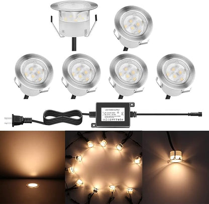 Low Voltage LED Deck Lighting Kit Stainless Steel 1W Waterproof Outdoor Yard Garden Decoration Lamps Landscape Pathway Patio Step Stairs Warm White LED In-ground Lights, 6pack