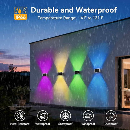 TECKNET Solar Fence Lights 6 Pack, 8 Modes RGB Color Changing, Up Down Lights & 200°Wide Lighting, IP66 Waterproof Dual-Lens LED Decorative Lights for Wall/Garden/Fence/Patio/Backyard