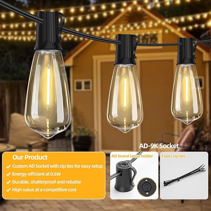 ST40 25FT Outdoor LED String Lights with 12+1 Shatterproof Bulbs,E17 Socket, 2700K Warm White,Weatherproof, 0.6W | Lumora
