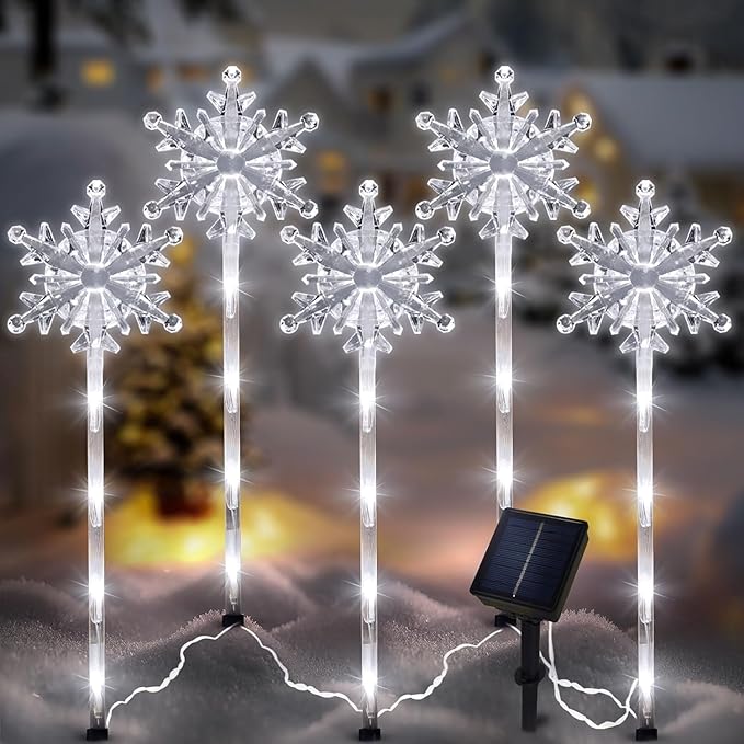 5 Pcs Acrylic Solar Pathway Stakes Lights Outdoor Waterproof, 8 Modes Christmas Decorations Outdoor Yard, Solar Christmas Garden Decor Lights (Xmas Snowflake White)