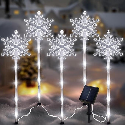 5 Pcs Acrylic Solar Pathway Stakes Lights Outdoor Waterproof, 8 Modes Christmas Decorations Outdoor Yard, Solar Christmas Garden Decor Lights (Xmas Snowflake White)