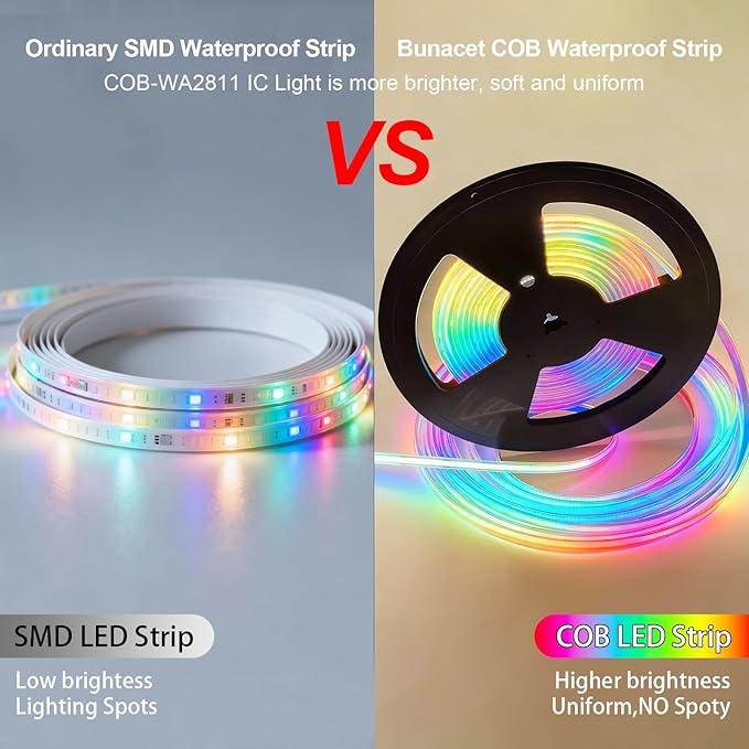 20FT COB RGB+IC LED Strip Lights, IP67 Outdoor 24V RGB LED Lights for Bedroom with RF Remote Smart App Control | Lumora