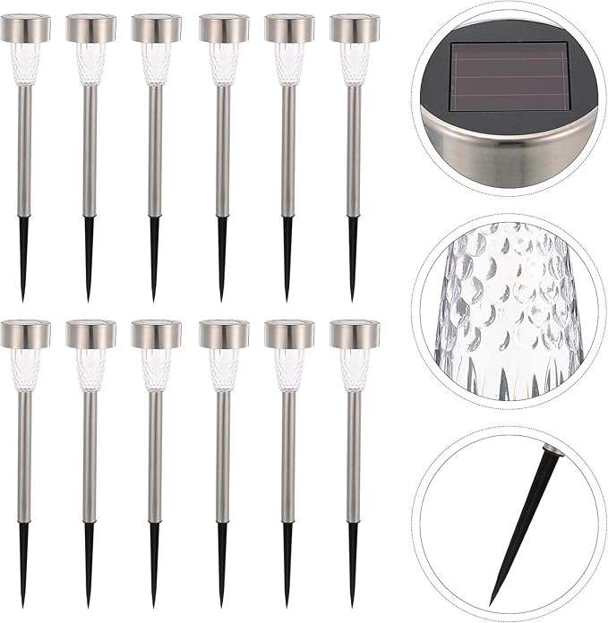 12pcs Stainless Steel Solar Outdoor Pathway Stake Lights for Yard Garden, Waterproof White LED Landscape Lighting | Lumora